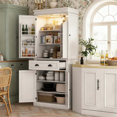 Nordic Style Kitchen Pantry Cabinet with LED Lights, 6 Door Shelves, a Drawer, and 4 Adjustable Shelves for Efficient Home Storage