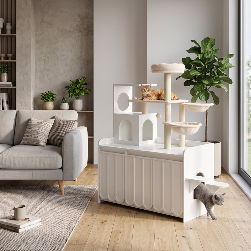Arbre à chat 50,6 po avec bac à litière caché - Tour à chat multi-niveaux multi-niveaux avec poteaux à griffer en sisal, hamacs et armoire de rangement pour chats d'intérieur
