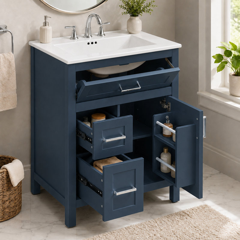 Meuble-lavabo 24 po avec lavabo en céramique, armoire de salle de bain en panneau de fibres à densité moyenne avec 1 porte, 1 tiroir rabattable et 2 tiroirs, meuble-lavabo à fermeture en douceur avec tablette réglable et poignées argentées