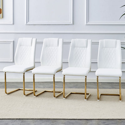 Chaises de salle à manger modernes, chaises de salle à manger et chaises rembourrées à pieds dorés en cuir artificiel, idéales pour les cuisines, les salons, les chambres et les bureaux. Ensemble de 4 pièces