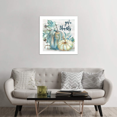 Blue Watercolor Harvest Pumpkin Give Thanks II - Wrapped Canvas Print