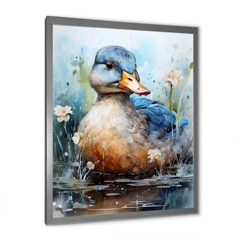 «Blue Duck», aquarelle, H 20 po x l 12 po x P 1 po, Cadre simple argenté