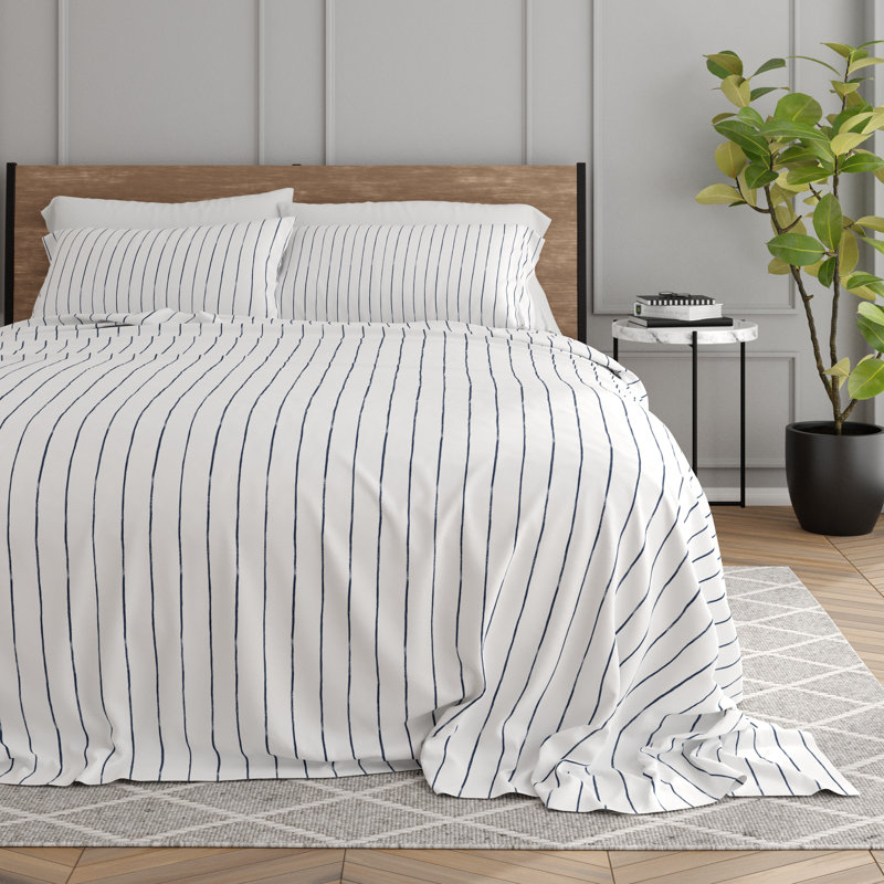  Distressed Navy Coastal Stripe Pattern Microfiber Sheet Set, Queen Sheet Set + 1 Fitted Sheet + 2 Pillowcases