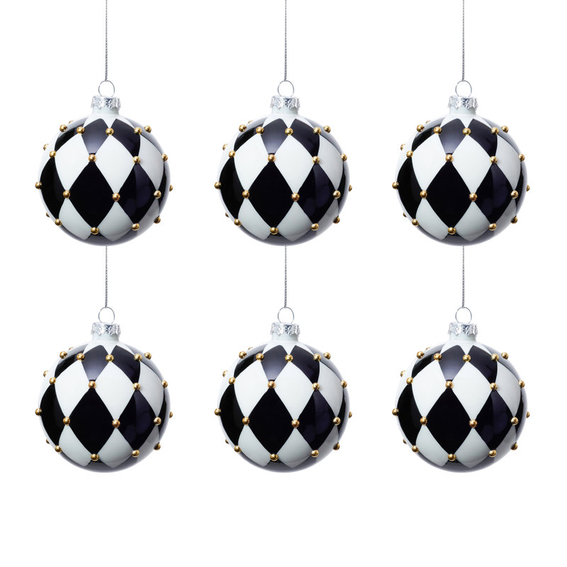 Boules de Noël en verre à motif arlequin noir et blanc, ensemble de 6, 3.25"