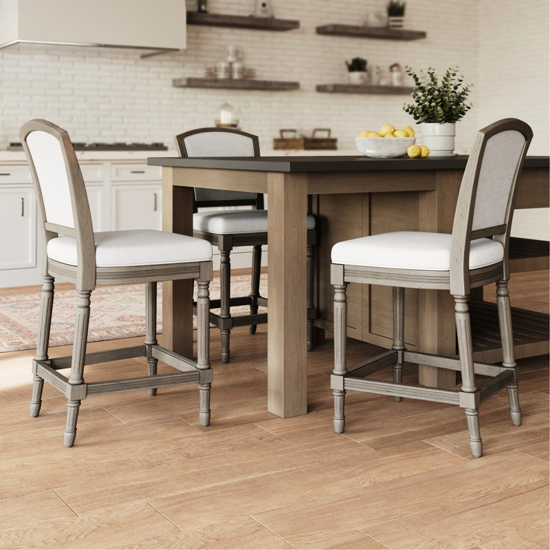 Tabouret de bar à hauteur de comptoir gris patiné de 26 po avec dossier rembourré, texturé, dans la salle à manger et la table de pub Tabouret de 26 po, gris, siège pour la cuisine