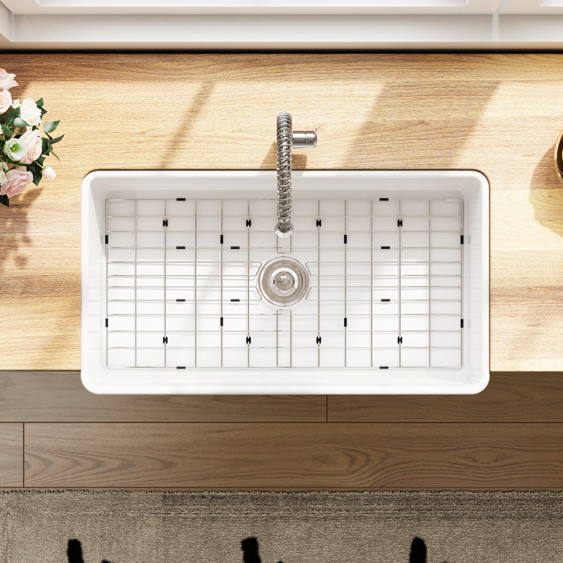 Athena 30" L x 18" W Farmhouse Kitchen Sink with Sink Grid and Basket Strainer, White