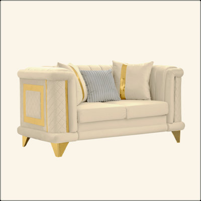 Canapé 69 po en velours de luxe avec garniture en acier inoxydable doré et texture brodée, canapé capitonné victorien de style Mid-Century pour le salon avec 1 fourrure et 2 coussins dorés