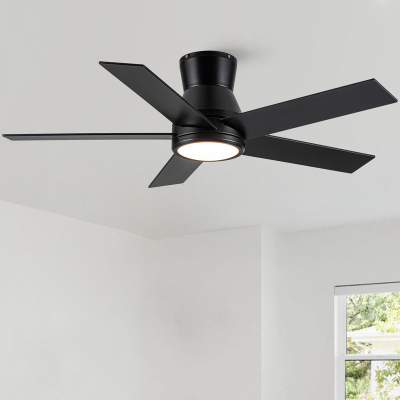 Bauhaus 52" Integrated LED Flush Mount with Matte Blades Ceiling Fan with Remote Quiet Motor (5-Blade), Matte Black, Black