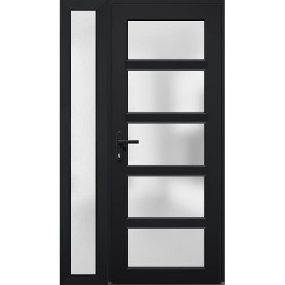Porte d'entrée extérieure prémontée en fibre de verre, verre dépoli, Manux 8002, noir mat, fenêtre latérale extérieure, portes d'entrée pour bureaux, commerces et résidences, patio, garage - L 36 + 14 x H 80 - Ouverture intérieure à droite