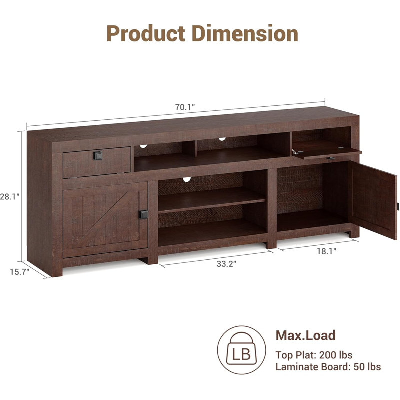 Farmhouse TV Stand for 75/80 Inch TVs, Long Entertainment Center with 4 Storage Drawers & 3 Open Shelf, Red Wood
