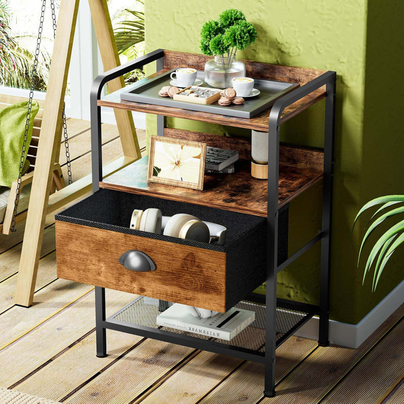 Nightstand Bedside Table With Drawer, Side Tables With Mesh Shelf, Bedroom Night Stand, End Tables With Raised Edges, Open Shelf, Metal Frame, Fabric Drawers Storage