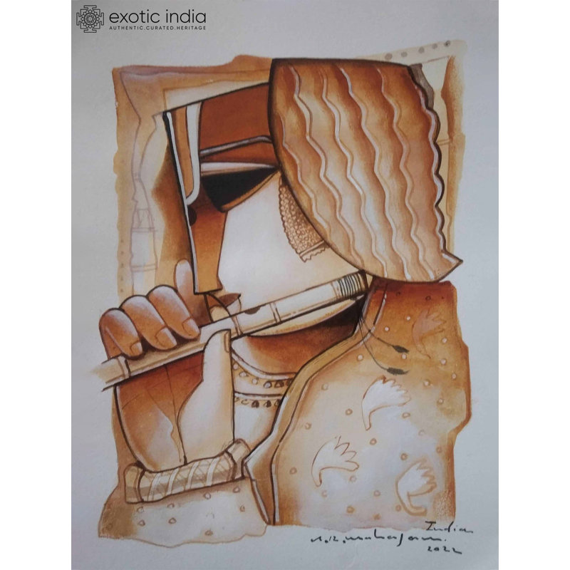 Murlidhara in Modern Idiom, peinture acrylique par Arvind Mahajan - Art spirituel indien contemporain de 16 po x 12 po