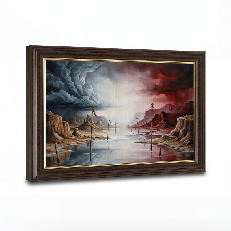 Tableau sur toile représentant une rivière de canyon rocheux avec des poteaux en bois et un ciel rouge, H 16 po x l 24 po