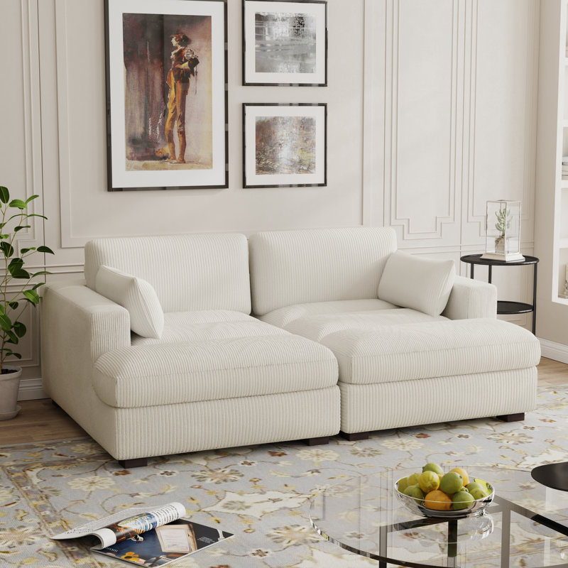Stoneville 83.85" Wide Modern Upholstered Square Armrests Sofa & Chaise with Solid Wood Leg, Beige