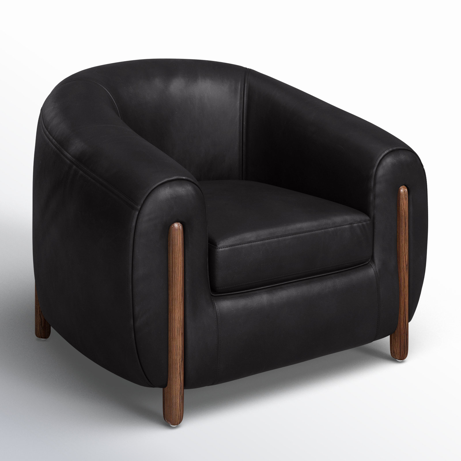 Bruno Oak Genuine Leather Barrel Chair, Heirloom Black Leather