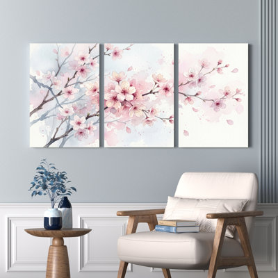 Cherry Blossom Floral Watercolor Canvas Wrapped Wall Art Oil Painting Print Set Of 3 For Living Room Bedroom Decor