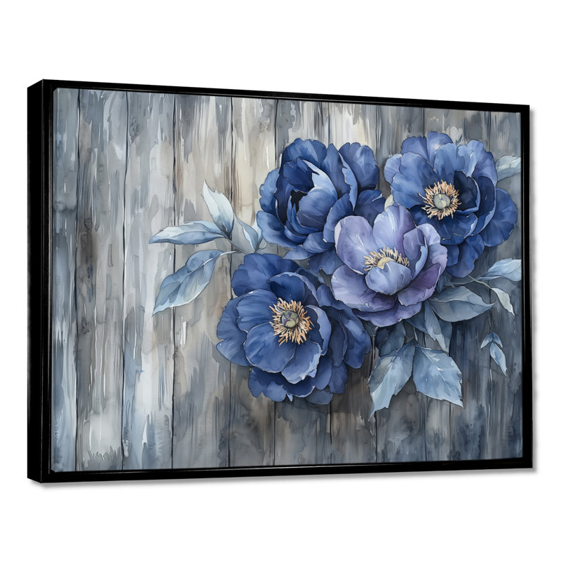 Pivoines bleues par la clôture de la ferme - art mural pivoines pour le salon, H 30 po x l 40 po, Noir