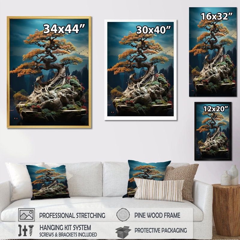 Tranquillo, art asiatique, Bonsaïs, sagesse - impression, H 32 po x l 24 po x P 1 po, Cadre flottant doré