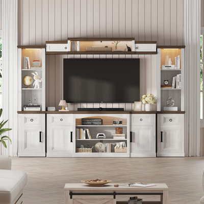 Farmhouse 4-piece Entertainment Wall Unit With Tv Stand, Bookshelf & 70" Floating Cabinet, Adjustable Shelves, European-style Doors, And Motion-sensing Led Lights — Fits Tvs Up To 75" For Modern Living Rooms And Wine Cabinet Display Cabinet