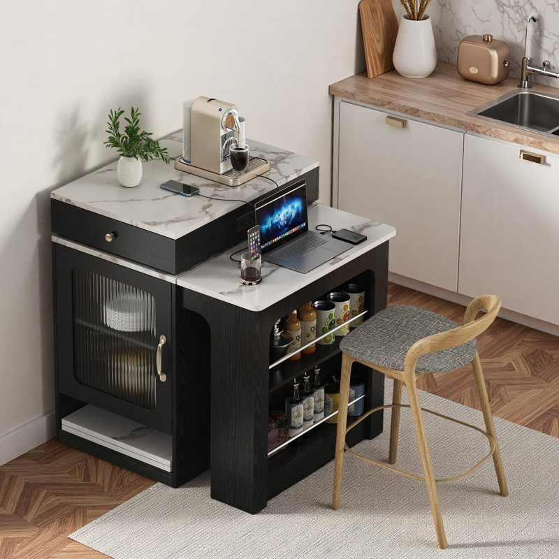 Kitchen Island With Extendable Dining Table, Double-sided Storage, 2 Drawers, Power Outlet And Side Open Shelves, Black