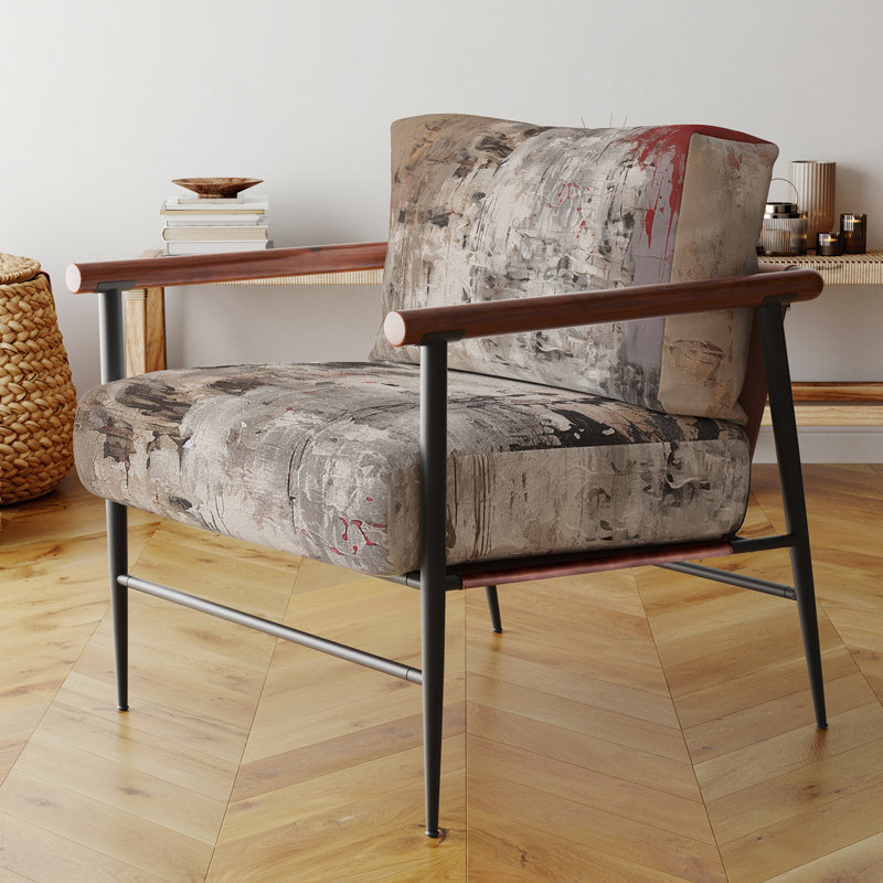 Fauteuil contemporain en velours beige et rouge, motif abstrait Fading Passion I, fauteuil d'appoint rouge, Doré