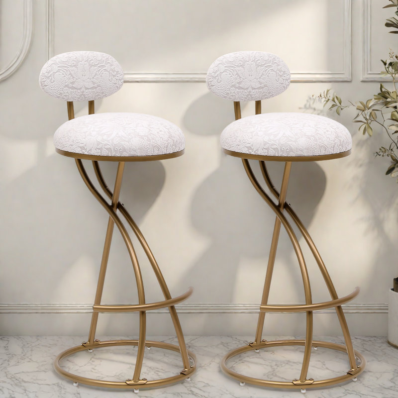 Round Bar Stools Set Of 2 With Floral Print Upholstered Seat And S-shaped Powder-coated Metal Frame, Gold