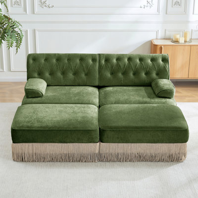 With 2 Ottoman, Breathable Comfort Velvet Fabric, Tassel Skirt Chesterfield Style Sofa, Free Combination,Slightly Curved Square Armrests, Premium Wooden Base, Easy To Assemble,For Living Room