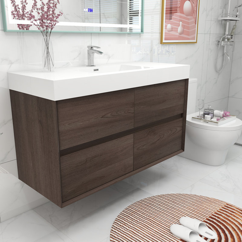 48" W Wall-Mounted Single Bathroom Vanity Set, Red Oak
