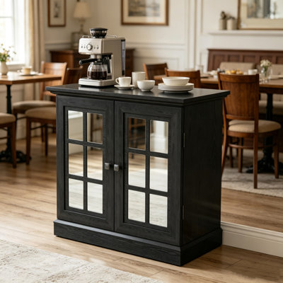 Storage sideboard cabinet with 2 decorative acrylic mirrored doors, adjustable shelf for dining room, living room, kitchen, metal handles, MDF with 3D wood grain foil paper finish