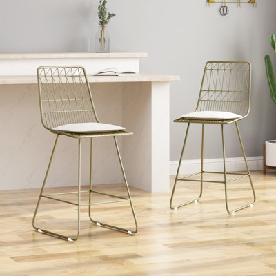 Chic Water- Cushion Counter Stools In Beige - Iron Two Stylish With Geometric Design & Frame, Of 2