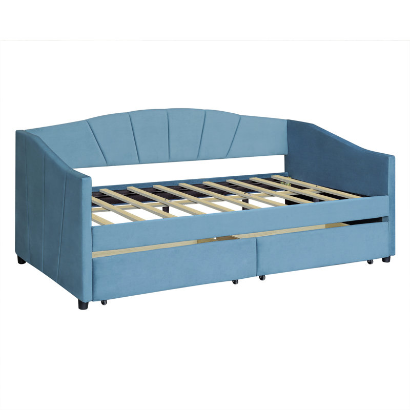 Kacy Upholstered Daybed with Trundle, Sofa Bed, Blue, Twin 1