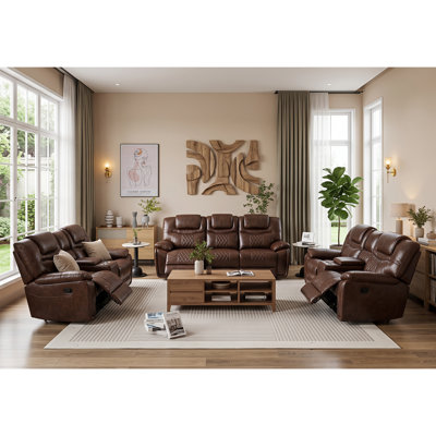 Jepum 3 - Pieces Top-Grain Genuine Leather Living Room Set Recliner Chair with Cupholder & Storage