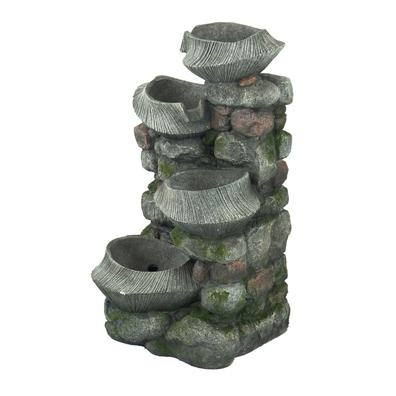 19X15x31.5" Indoor Outdoor Stone Water Fountain,  4-Tier Polyresin Cascading Rock Bowl Freestanding Fountain With LED Ligh