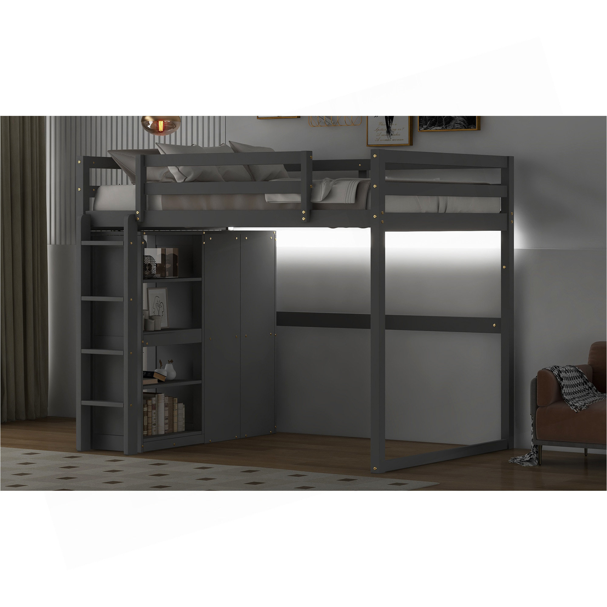 Ebern Designs Wood Full Size Loft Bed With Built-In Wardrobe And ...