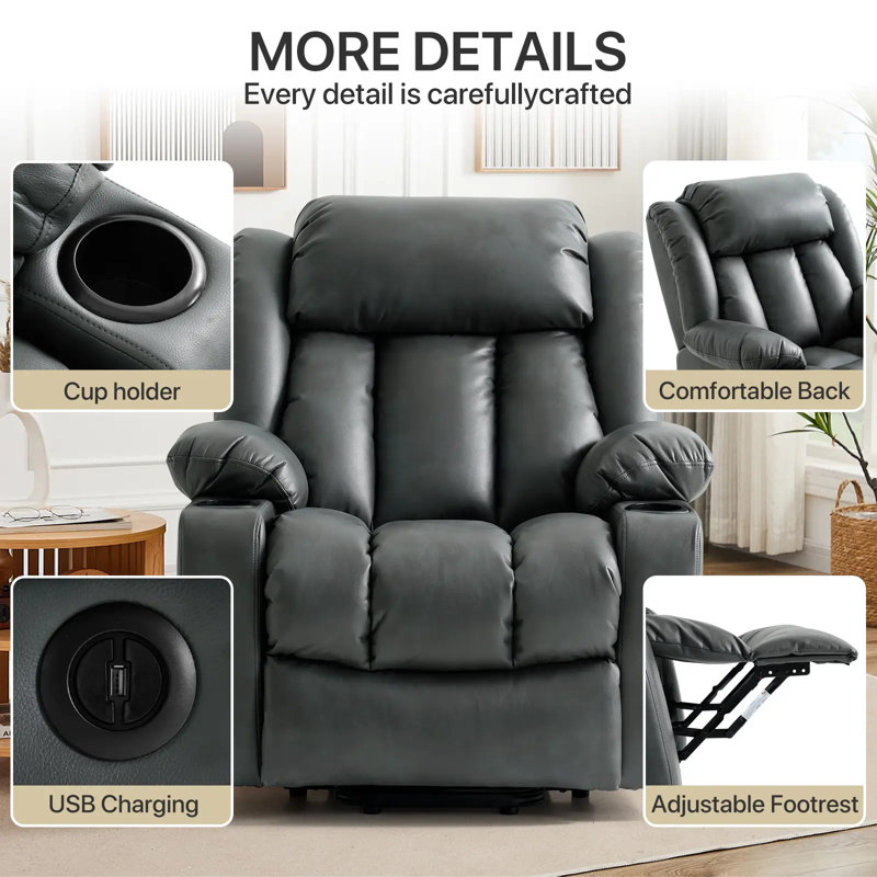 Power Lift Recliner Chair for Elderly With Vibration Massage Heat And Cup Holders, 2 Side Pockets, Dark Gray Faux Leather