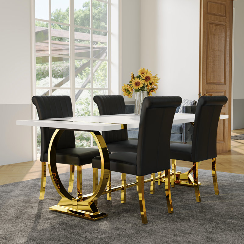 Ensemble de table de salle à manger 5 pièces Glam Gold avec 4 chaises en cuir noir et or, 5 pièces: table, 4 chaises, Noir