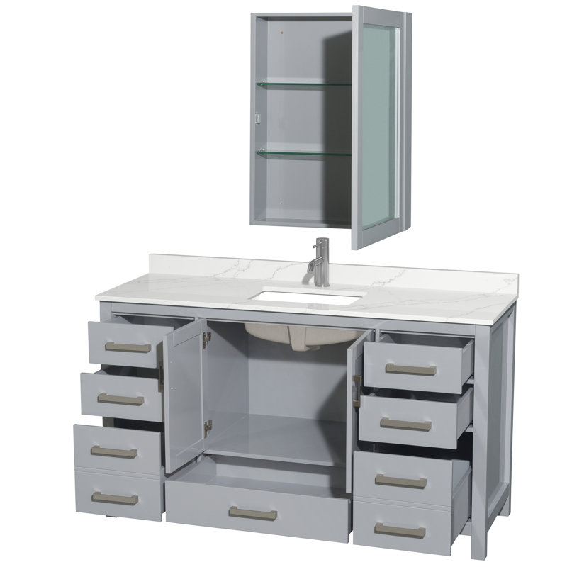 Sheffield 60" Freestanding Single Bathroom Vanity with Quartz Top with Medicine Cabinet, Chrome, Gray, Giotto Quartz