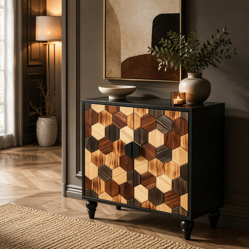Buffet 30,31 "avec motif en nid d'abeille, armoire d'appoint moderne, Noir antique
