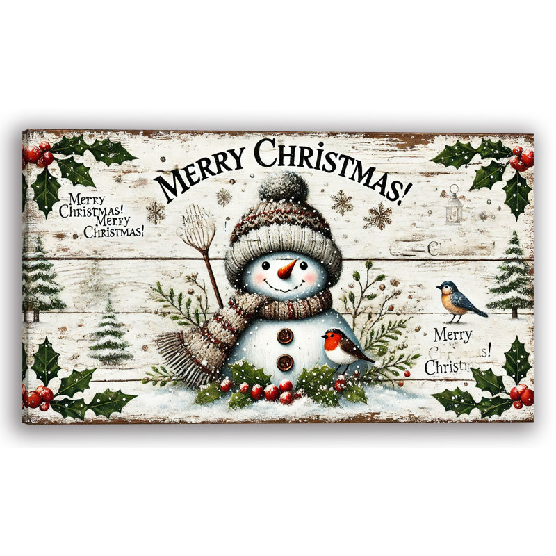 «Rustic Snowman and Festive Birds Christmas», impression sur toile, H 20 po x l 35 po
