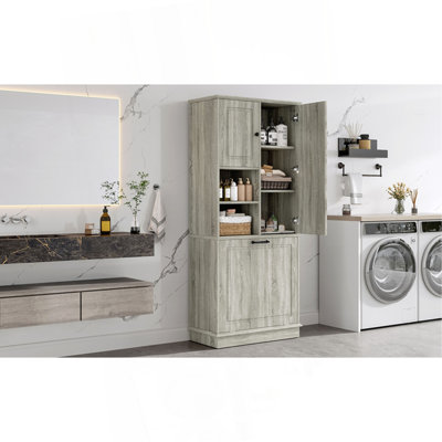 Tall Storage Cabinet With Adjustable Shelves, Large Flip-Out Basket & Enclosed Cabinets –  For Bathroom, Living Room, Or Office, MDF Material With Aluminum Alloy Handles