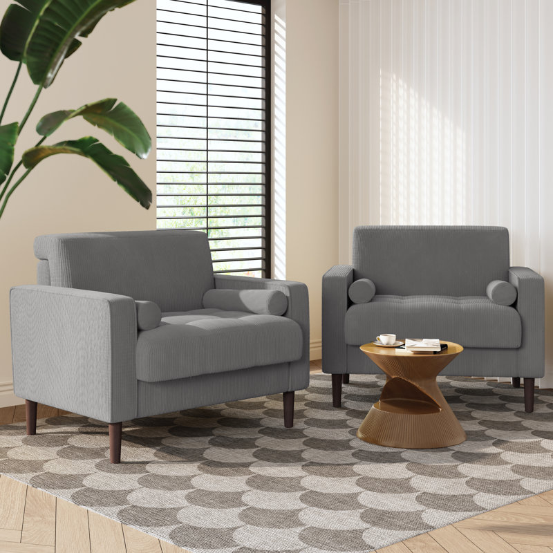 Fauteuil club capitonné avec accoudoirs carrés en velours côtelé gris clair Iliana avec 2 coussins, Velours côtelé gris pâle