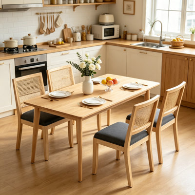 Ensemble de 2 chaises de salle à manger en bois massif de style campagne française avec dossier en rotin naturel et siège revêtu de lin