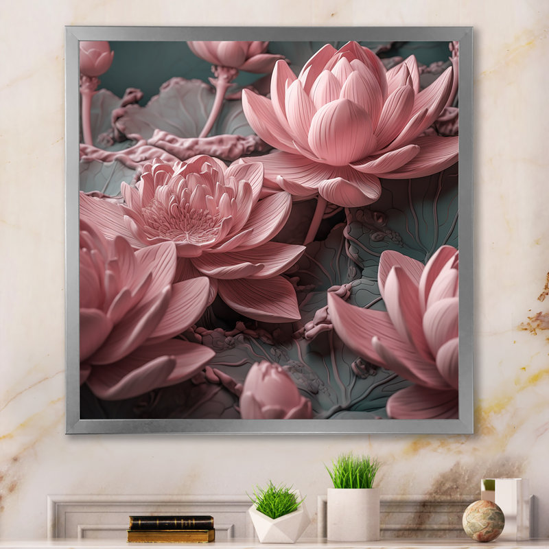 Fleur de lotus rose délicat sur toile, H 16 po x l 16 po x P 1 po, Cadre simple argenté