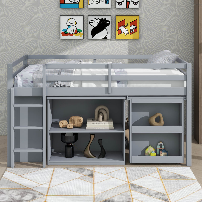Twin Loft Bed With Drawer Shelf And Pull-Out Desk Combo, Gray