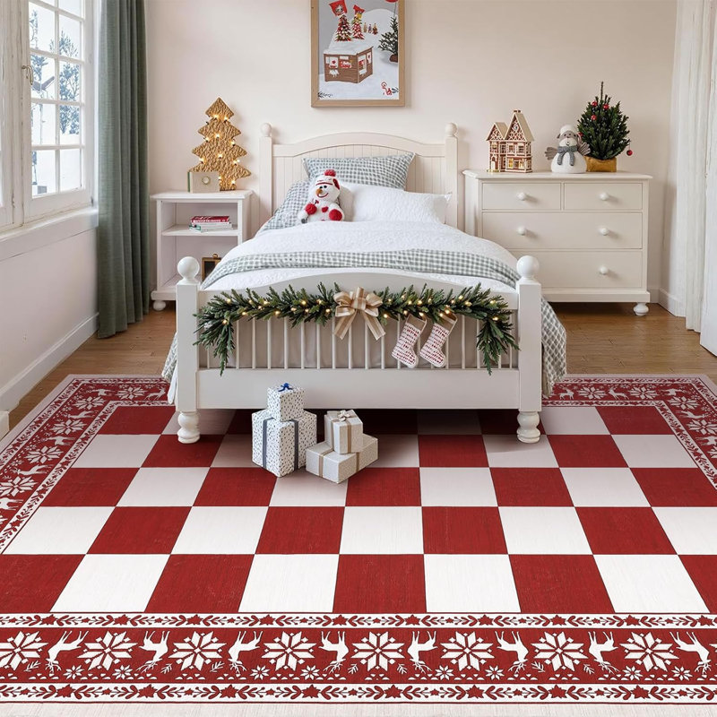 Rug, Checkered Christmas Rugs for Holiday Decor, Non Slip Low Pile Washable Rug for Kitchen, Entryway, Living Room, Bedroom, Red