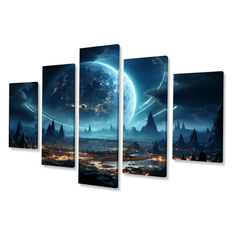 «White and Blue Cosmic Space Landscape I - Planets Multipanel», ensemble d'art mural