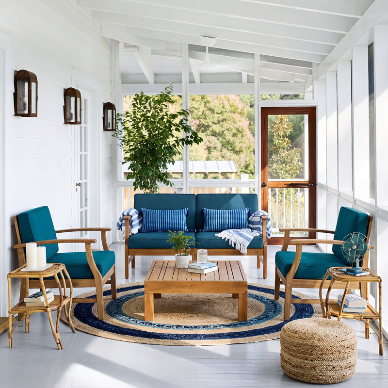 Ensemble de conversation de patio pour 4 personnes avec coussins Alyssa Acacia, L 29,50 po x P 29,50 po x P 10,25 po, Bleu
