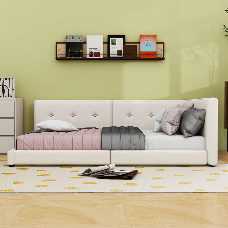 Modern Queen Size Linen Upholstered DayBed with Built-in USB Ports, Beige