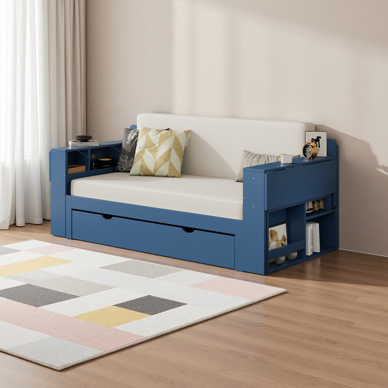 Lit de jour avec bureau amovible, tiroirs de rangement et table d'appoint hydraulique, Bleu, Double
