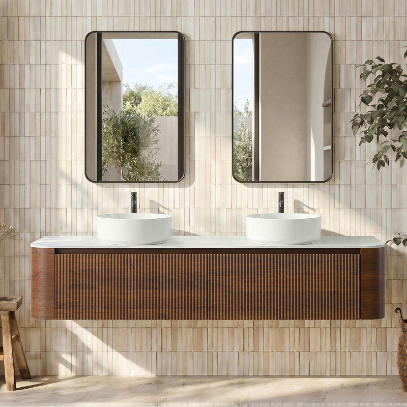 Meuble-lavabo flottant 72 po avec vasques et porte-serviettes pré-assemblés 72 po, Walnut, Snow White